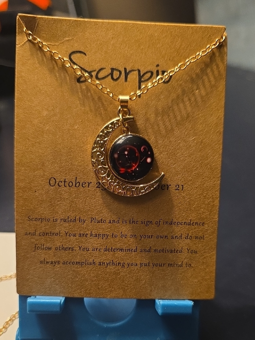 Scorpio Moon Crescent Pendant Necklace - Gold with Black/Red Cabochon